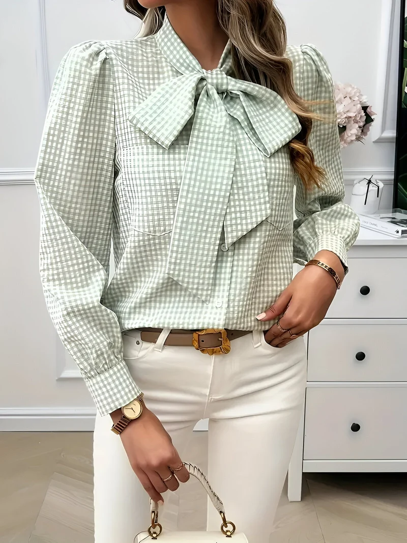 Blouse à Carreaux Élégante Femme avec Détail Nœud