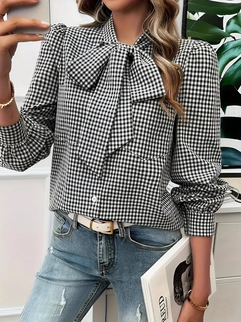 Blouse à Carreaux Élégante Femme avec Détail Nœud