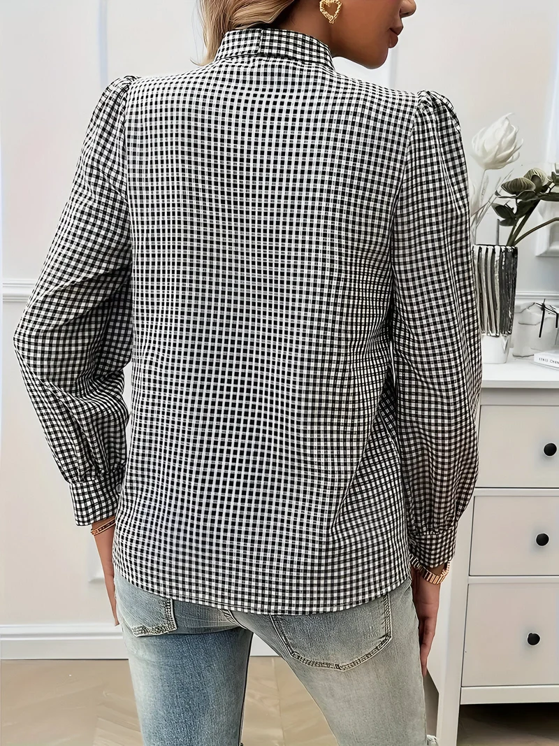 Blouse à Carreaux Élégante Femme avec Détail Nœud