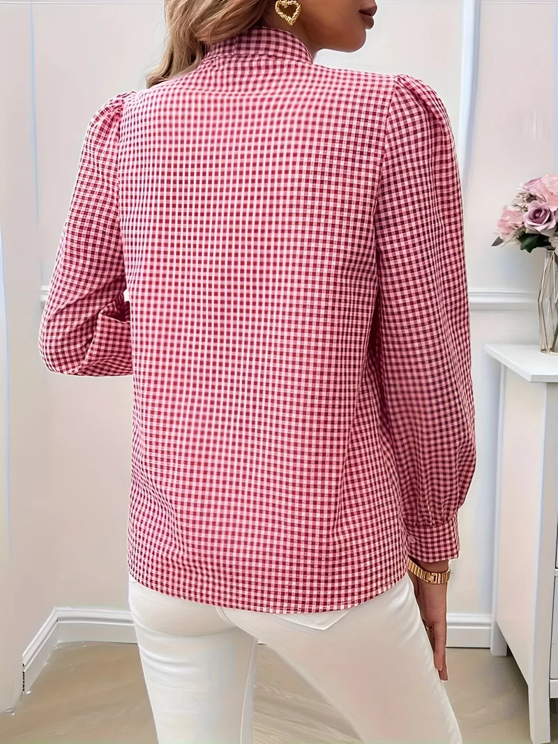 Blouse à Carreaux Élégante Femme avec Détail Nœud