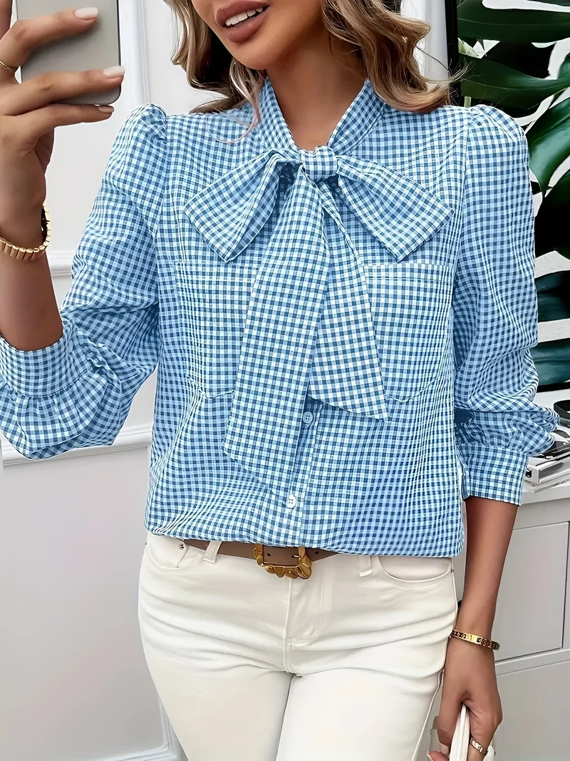Blouse à Carreaux Élégante Femme avec Détail Nœud