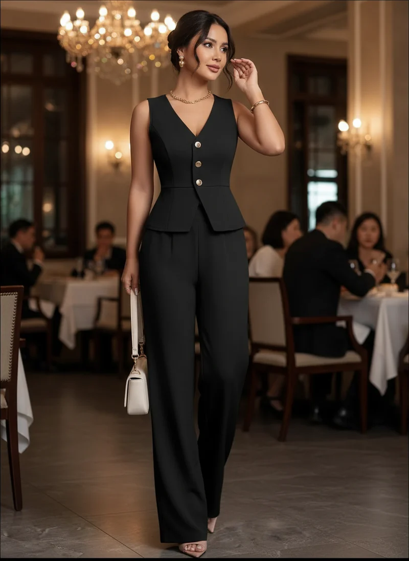 Tailleur Sans Manches Pantalon Large