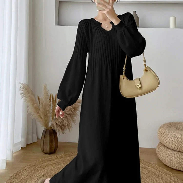 Robe à Manches Longues et Col en V, Chic et Confortable pour le Quotidien
