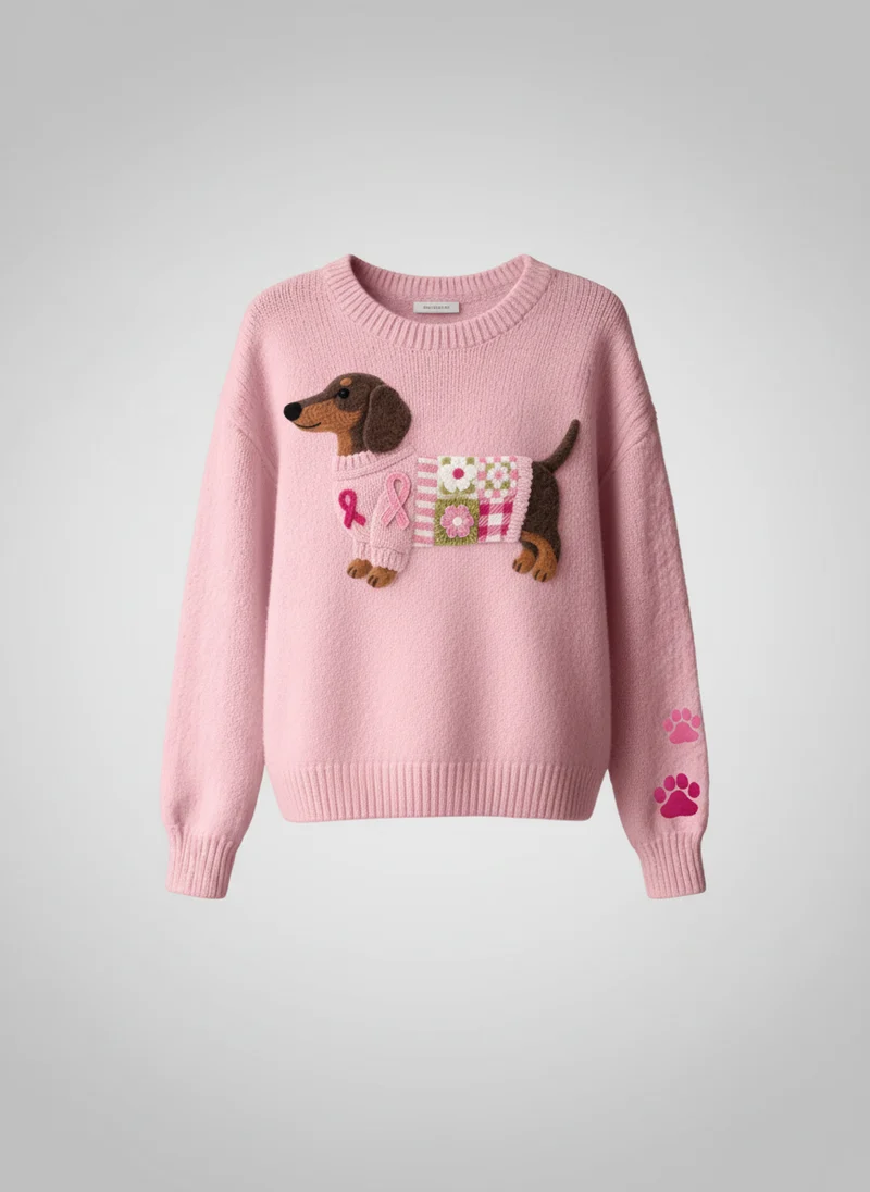 Pull en Tricot Doux avec Motif Teckel en Laine Feutrée