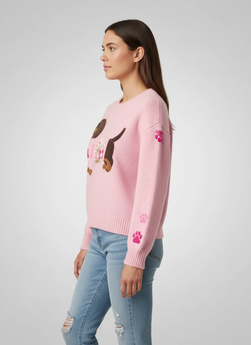 Pull en Tricot Doux avec Motif Teckel en Laine Feutrée