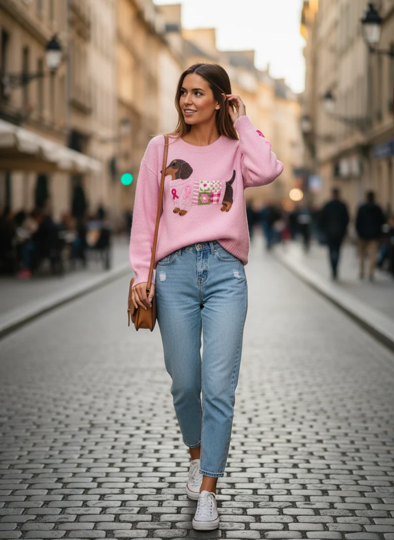 Pull en Tricot Doux avec Motif Teckel en Laine Feutrée