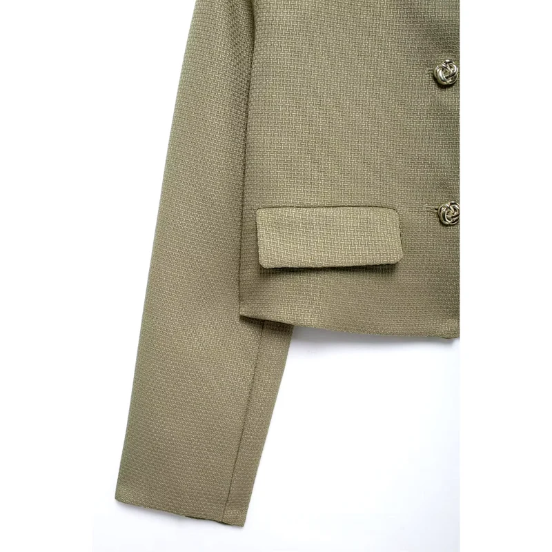 Blazer Court Beige Femme à Boutons Dorés, Élégance Mi-Saison