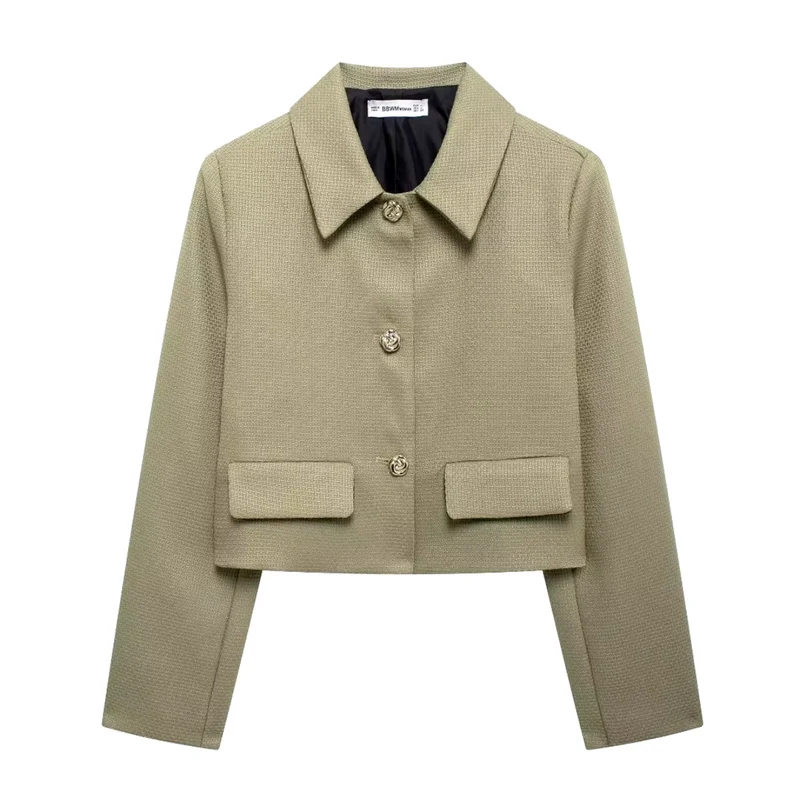 Blazer Court Beige Femme à Boutons Dorés, Élégance Mi-Saison