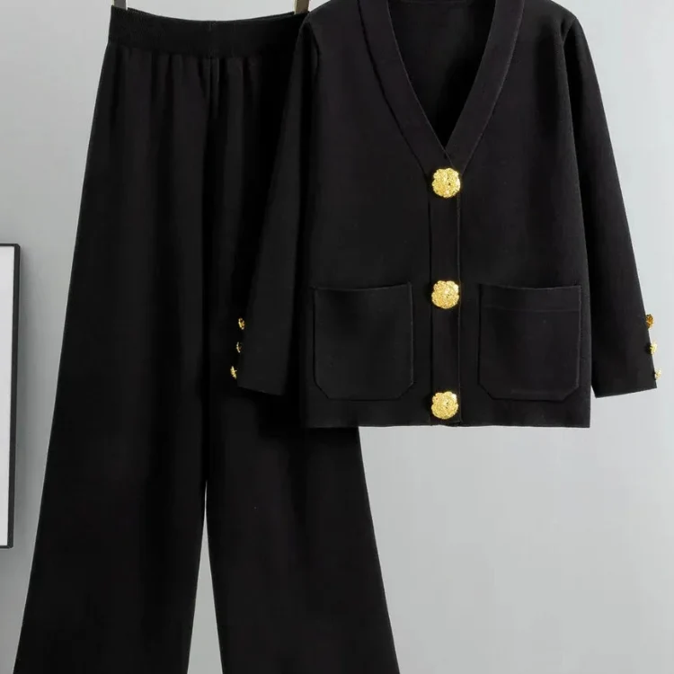 Ensemble Chic en Maille avec Cardigan à Col V et Pantalon Assorti