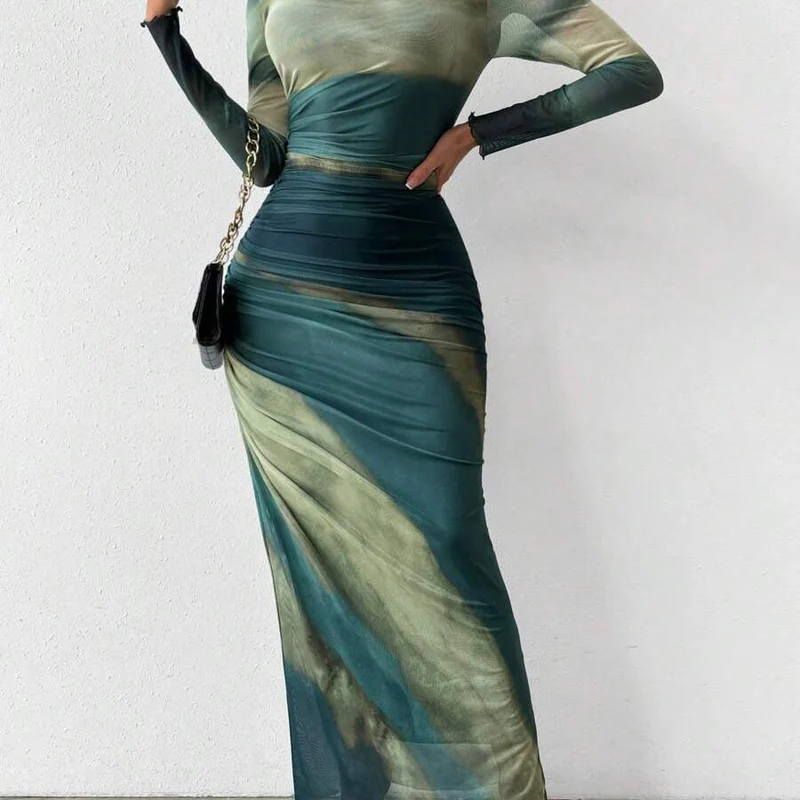 Robe maxi bodycon imprimée manches longues