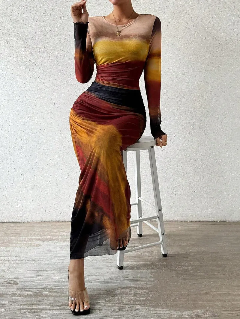 Robe maxi bodycon imprimée manches longues