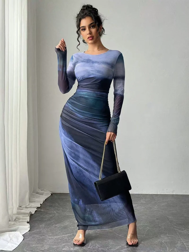 Robe maxi bodycon imprimée manches longues