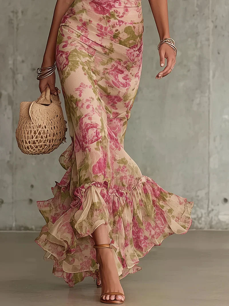 Fiora | Robe longue avec imprimé vintage de roses et manches bouffantes