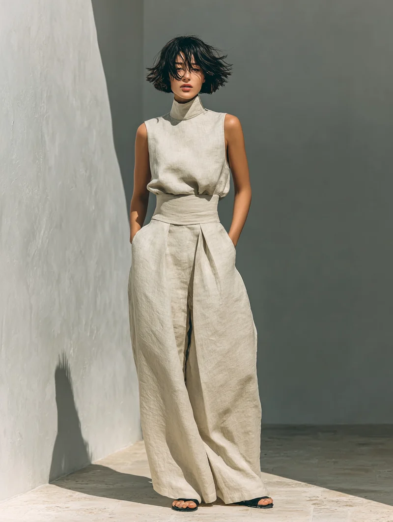 Maria - Ensemble minimaliste pour femme avec débardeur et pantalon large en coton et lin