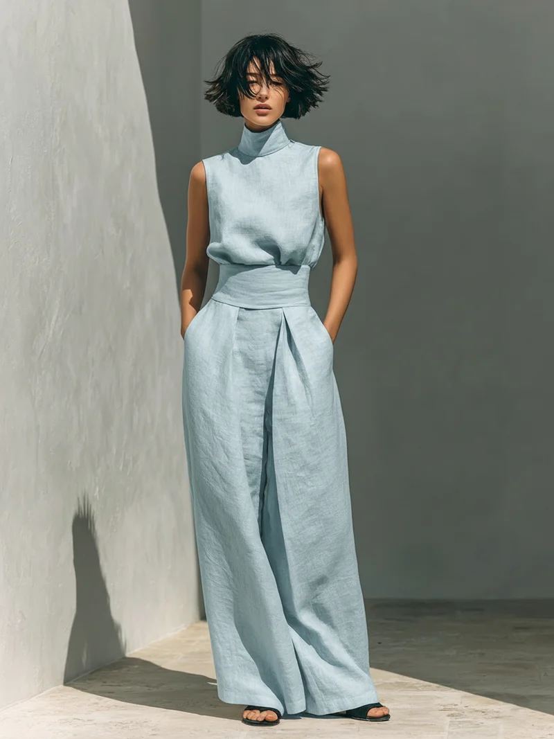 Maria - Ensemble minimaliste pour femme avec débardeur et pantalon large en coton et lin