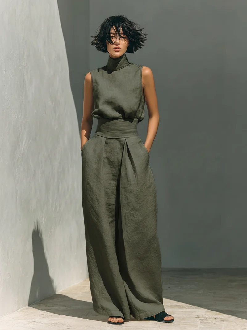 Maria - Ensemble minimaliste pour femme avec débardeur et pantalon large en coton et lin