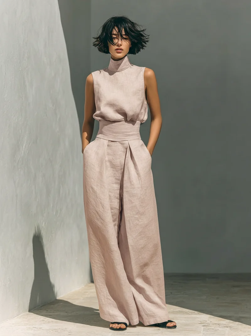Maria - Ensemble minimaliste pour femme avec débardeur et pantalon large en coton et lin