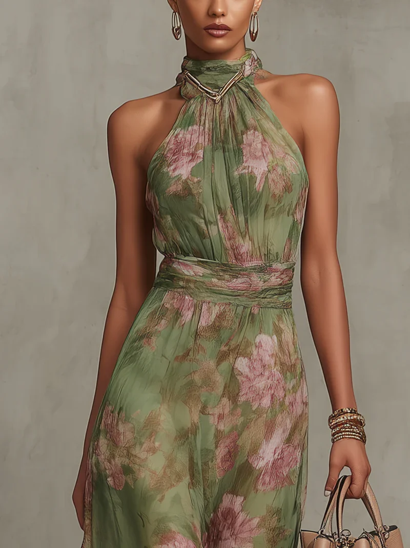 Serena ∙ Robe longue verte à fleurs en chiffon avec encolure halter