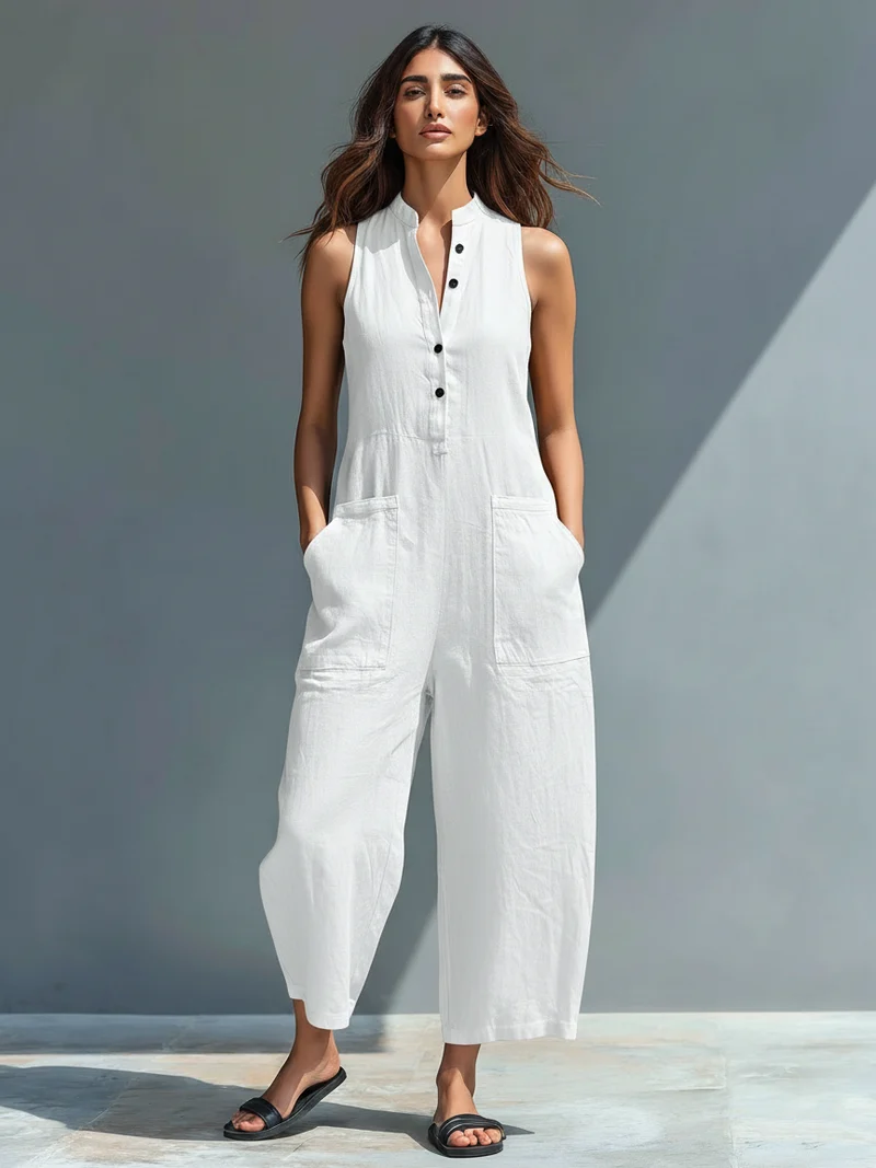 Claudia | Mono minimalista de lino para mujer, sin mangas, cuello alto y botones