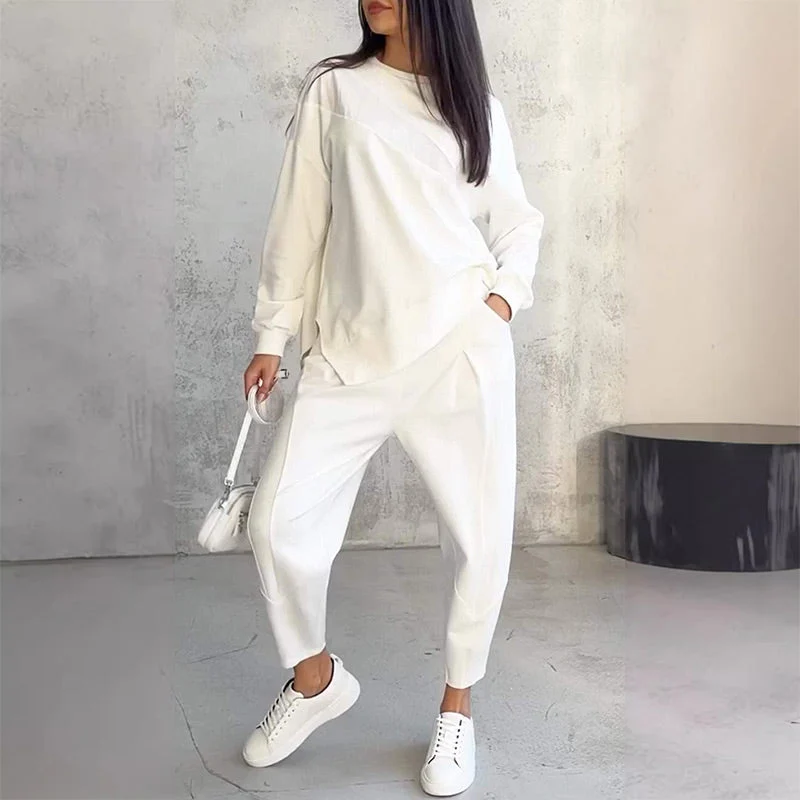 💕Conjunto de sudadera de manga larga con bajo irregular y pantalones para mujer