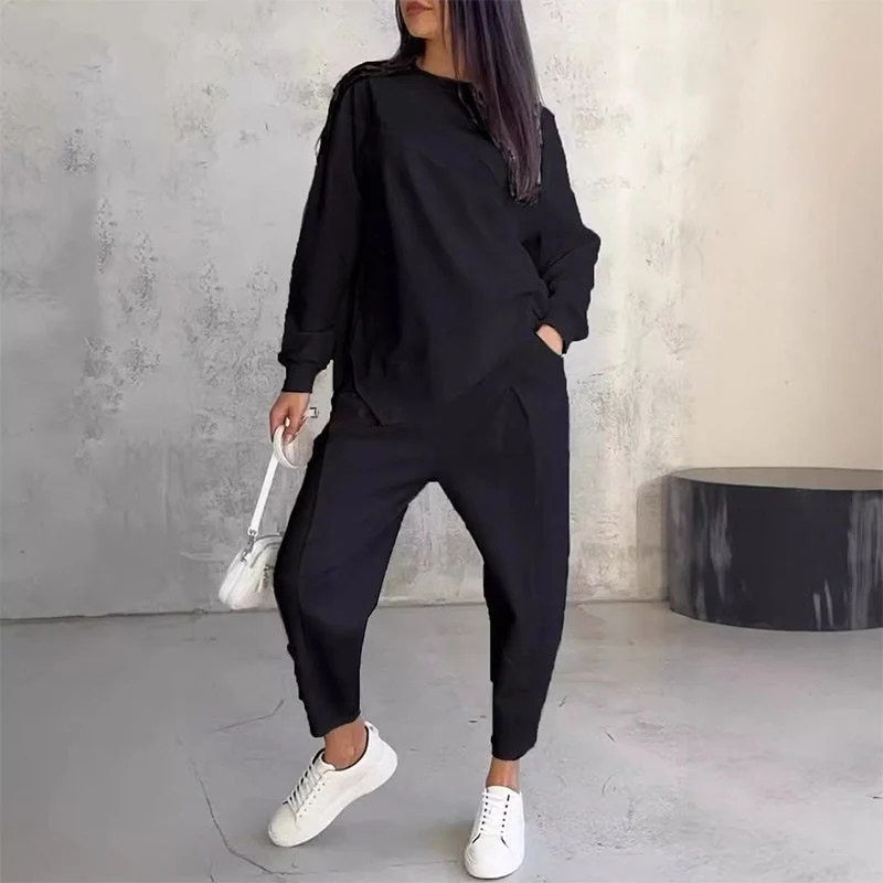 💕Conjunto de sudadera de manga larga con bajo irregular y pantalones para mujer
