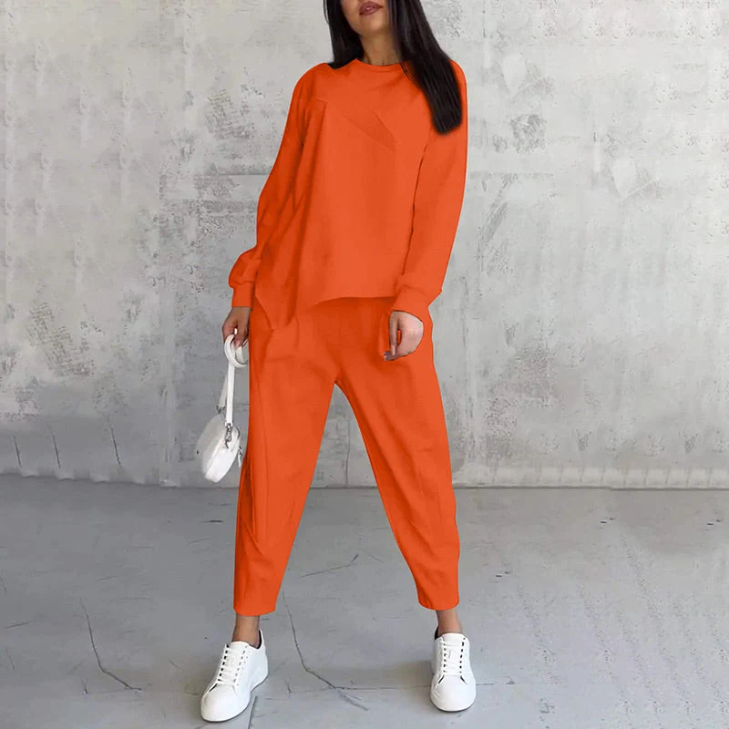 💕Conjunto de sudadera de manga larga con bajo irregular y pantalones para mujer