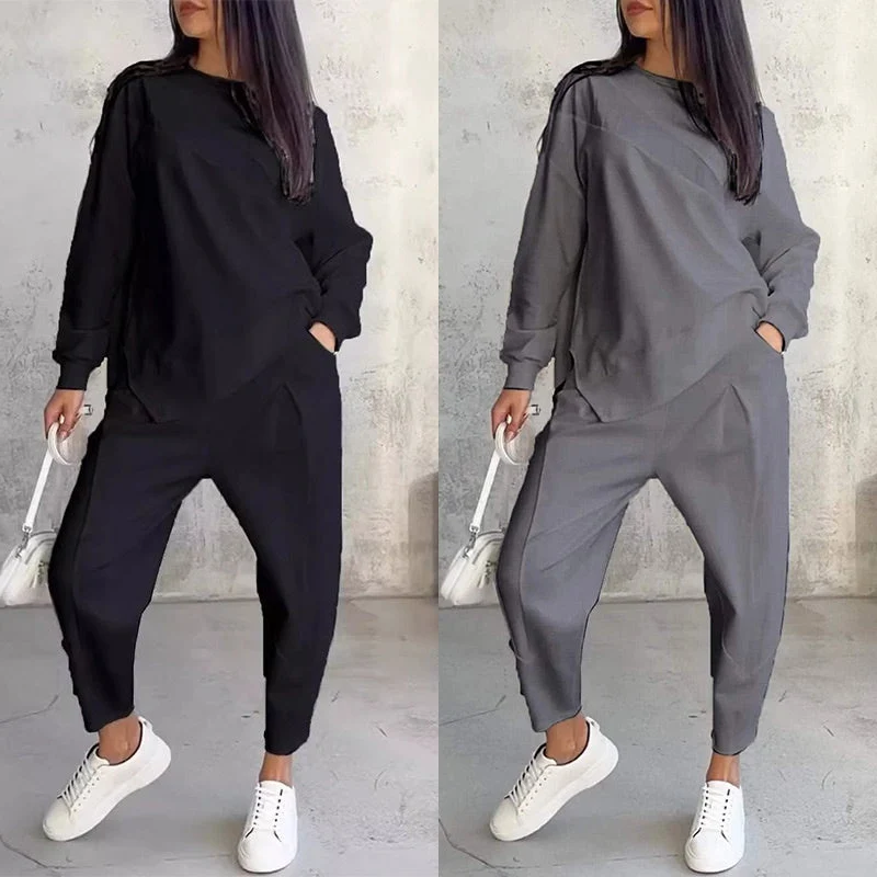 💕Conjunto de sudadera de manga larga con bajo irregular y pantalones para mujer