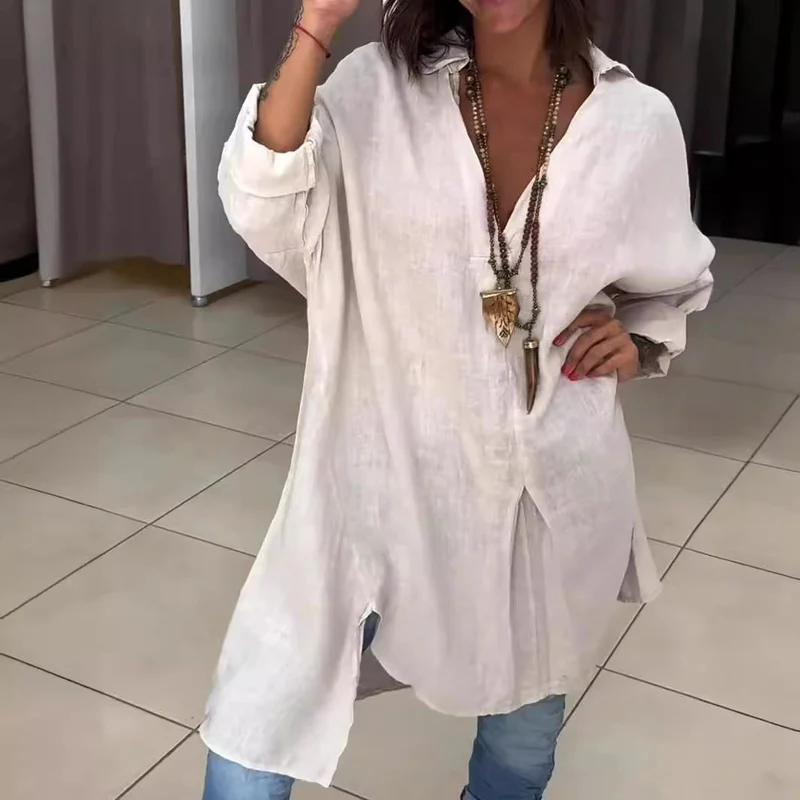 Melis - Chemise d'été en Coton et Lin avec Décolleté en V