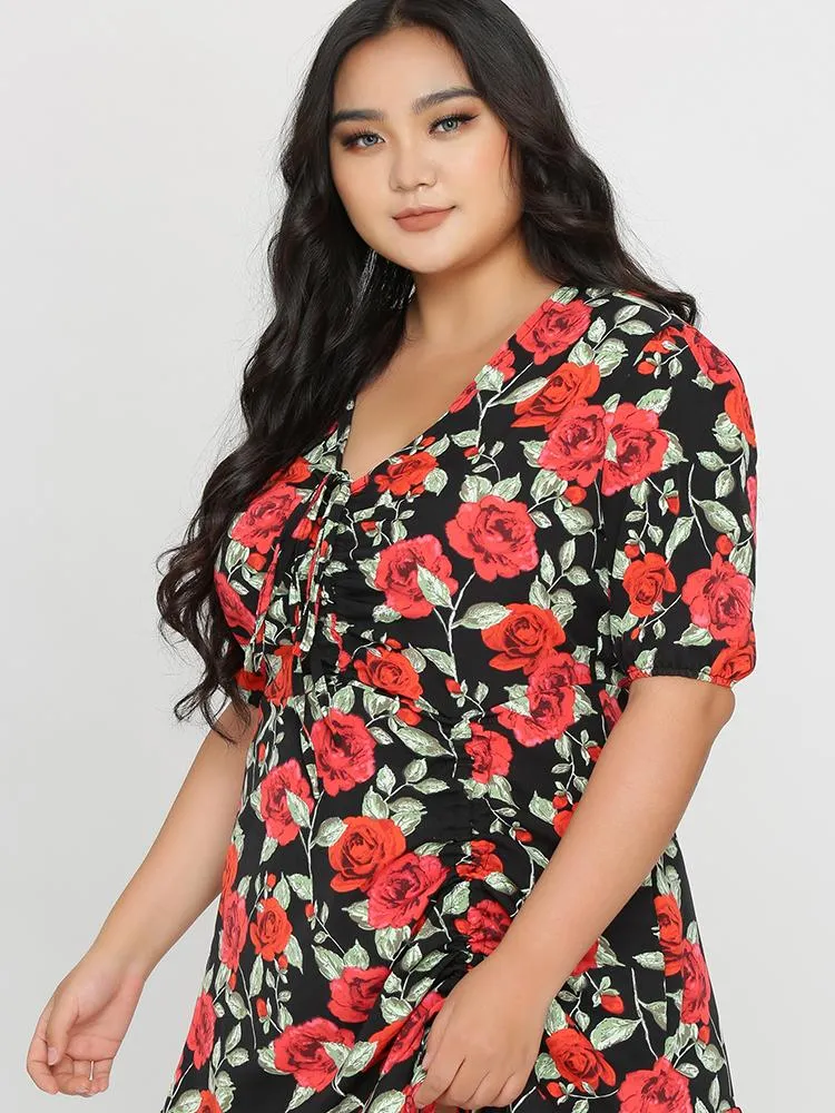 Drawstring Knot Floral Dress