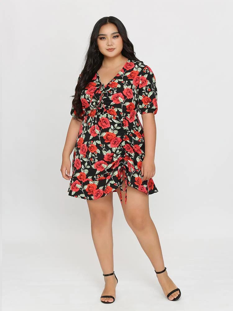 Drawstring Knot Floral Dress