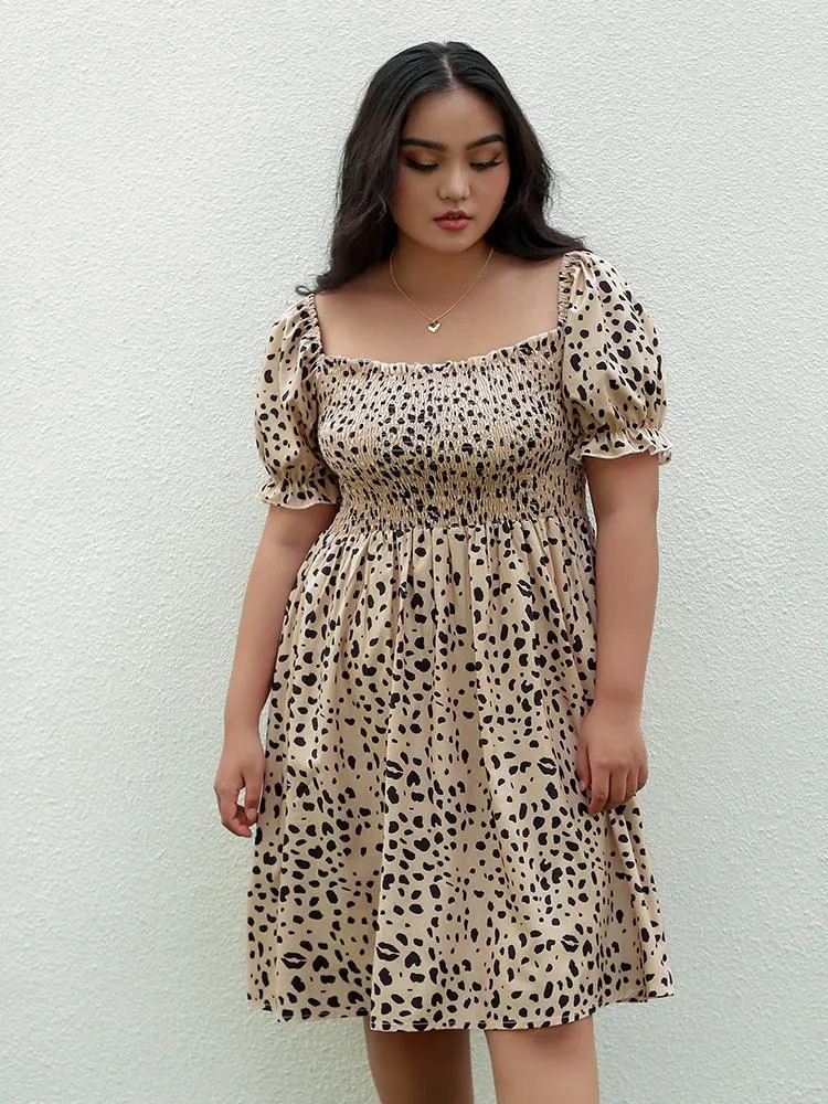 Leopard Shirred Square Collar Dress