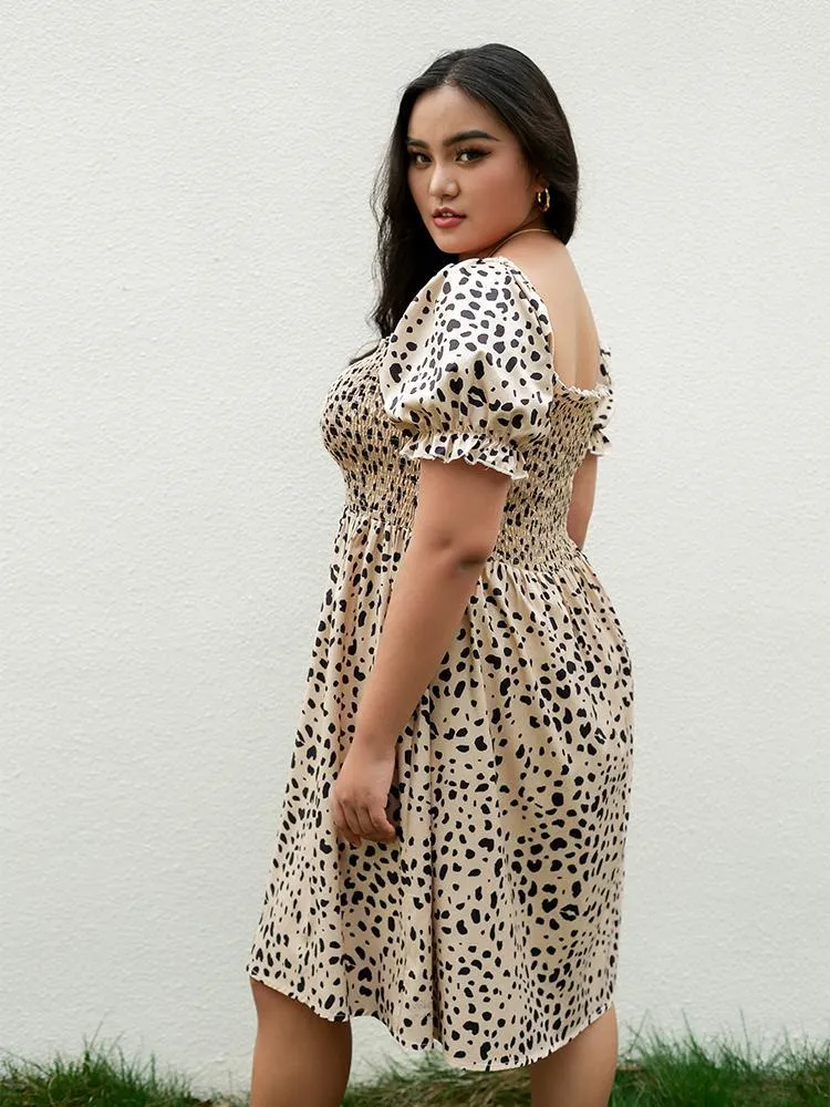 Leopard Shirred Square Collar Dress