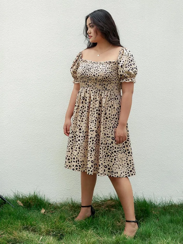 Leopard Shirred Square Collar Dress