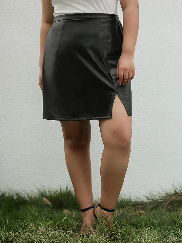PU Leather Slit Skirt