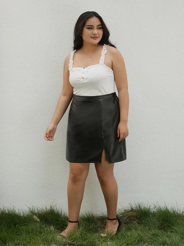 PU Leather Slit Skirt