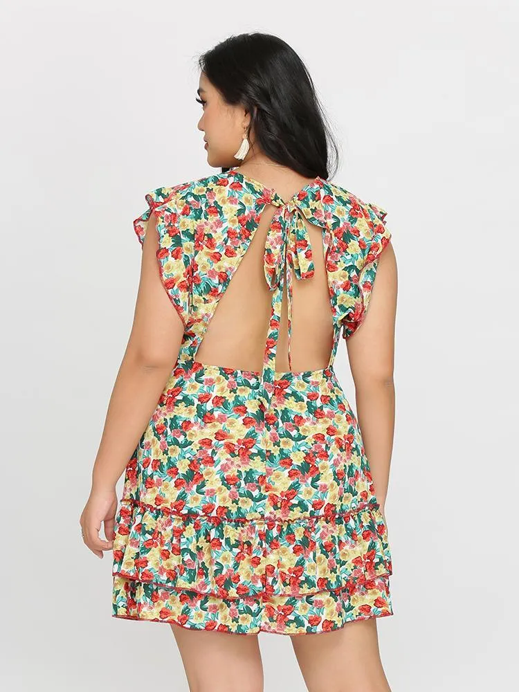 Plunging Tied Ruffle Dress