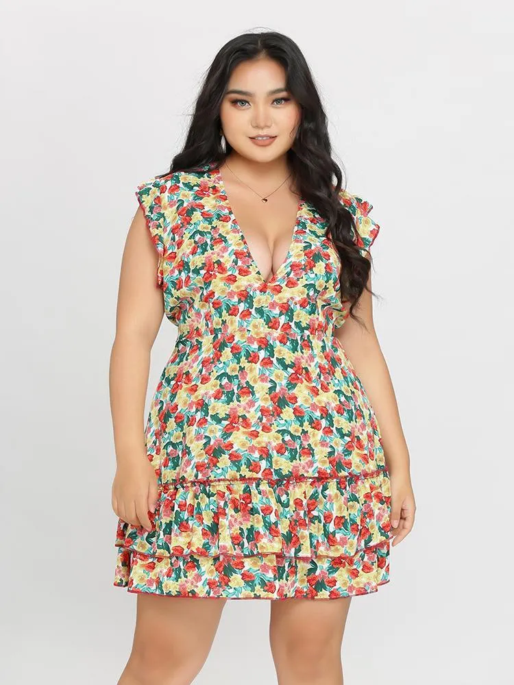 Plunging Tied Ruffle Dress