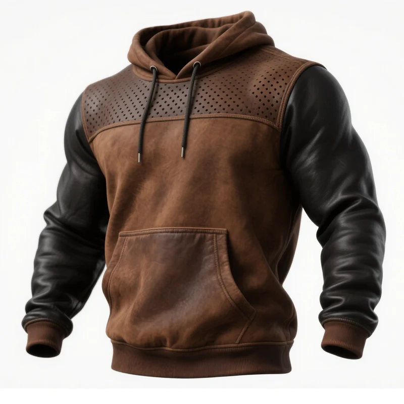 Pull à Capuche en Cuir Marron avec Détails Perforés