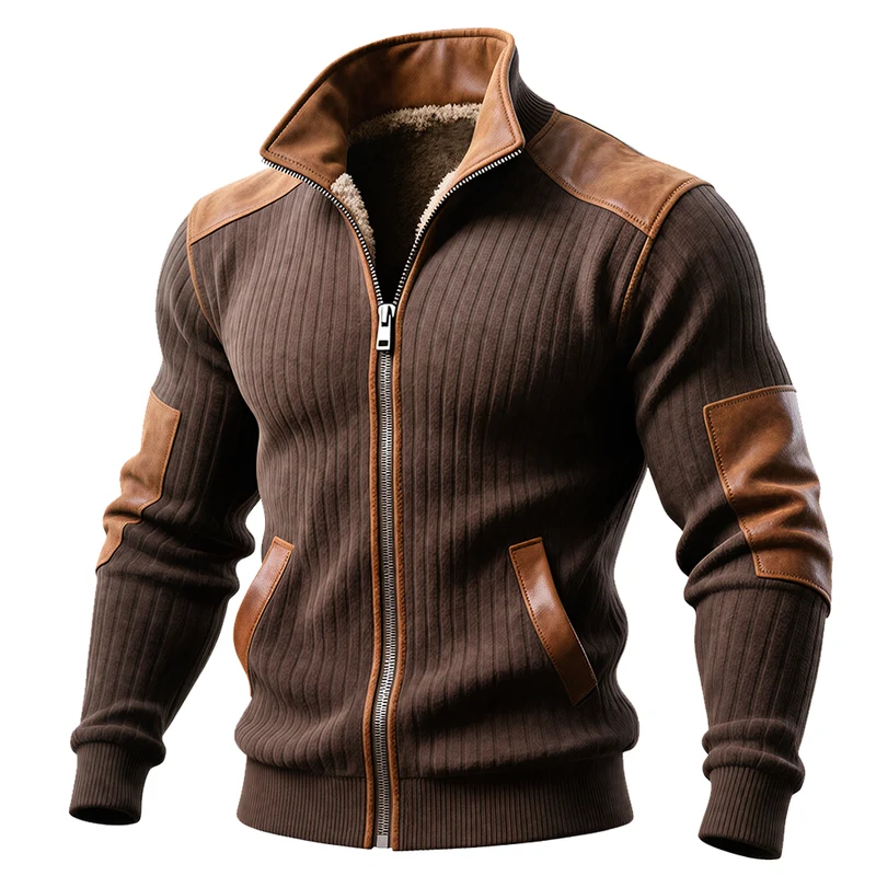 Veste Marron Côtelé avec Zip et Accents en Cuir