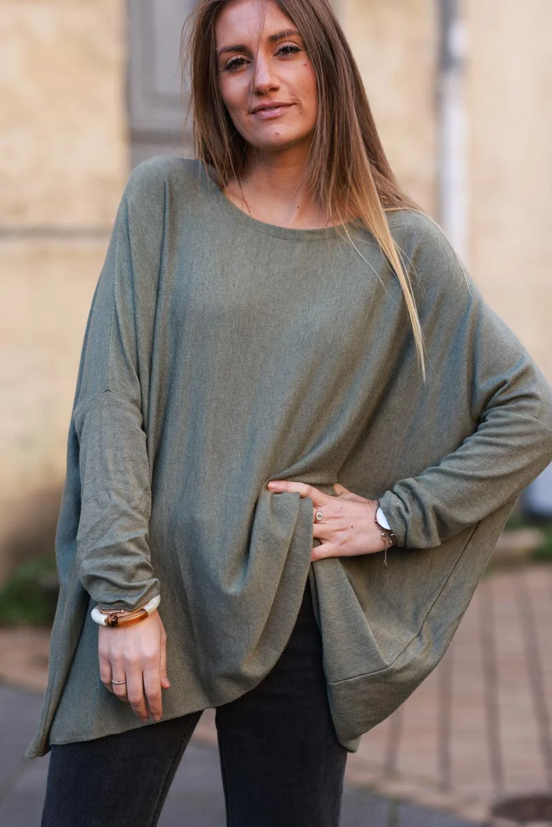 Pull large kaki manches chauve souris