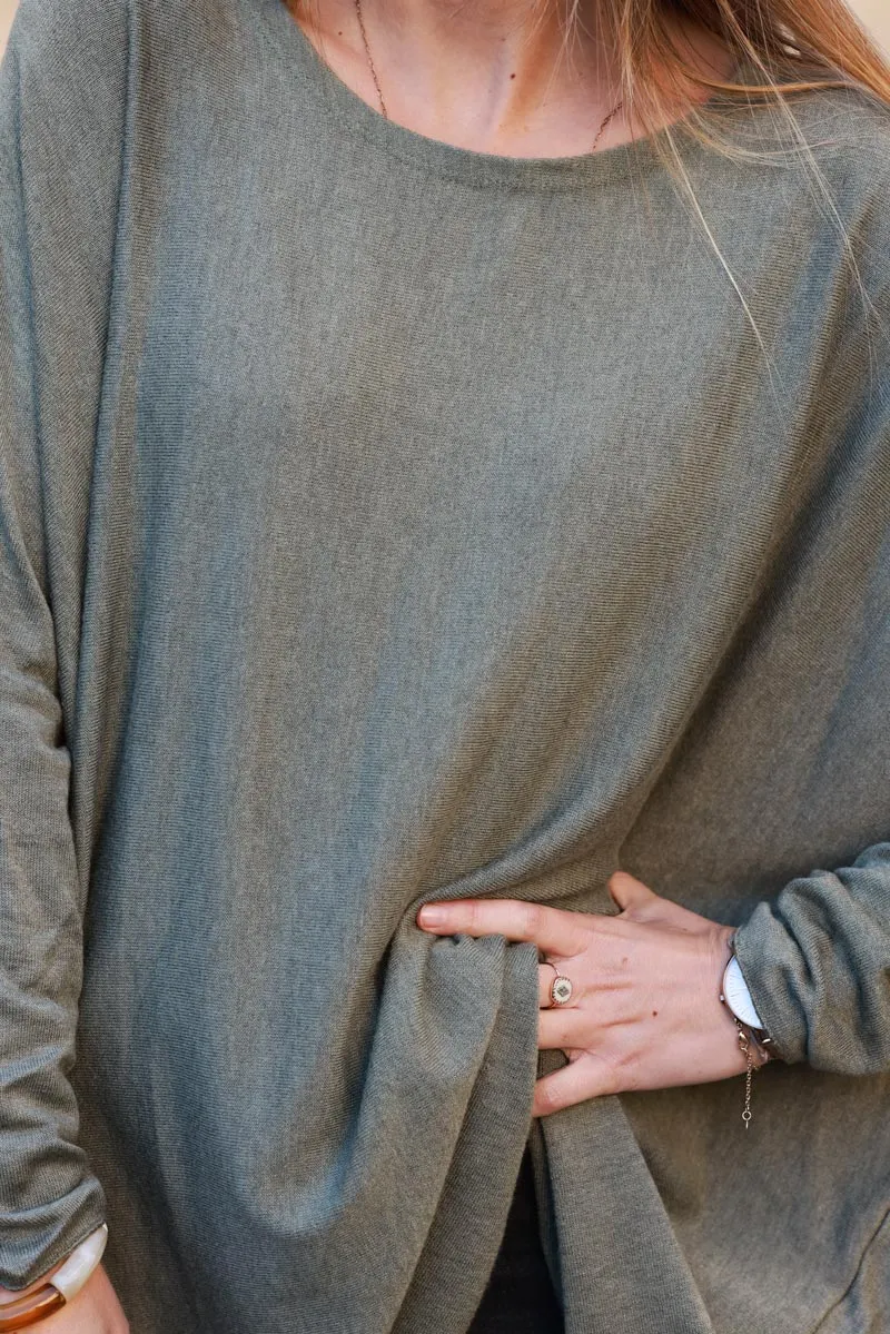 Pull large kaki manches chauve souris
