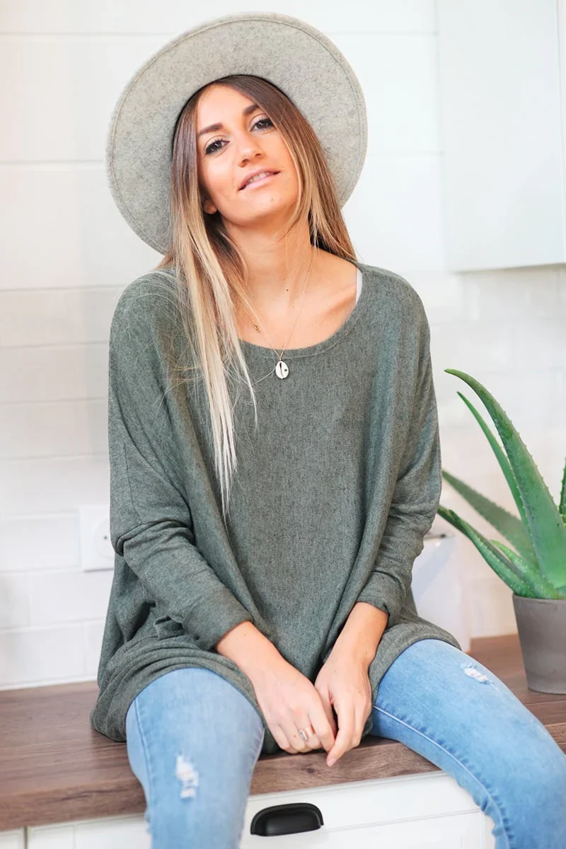 Pull large kaki manches chauve souris