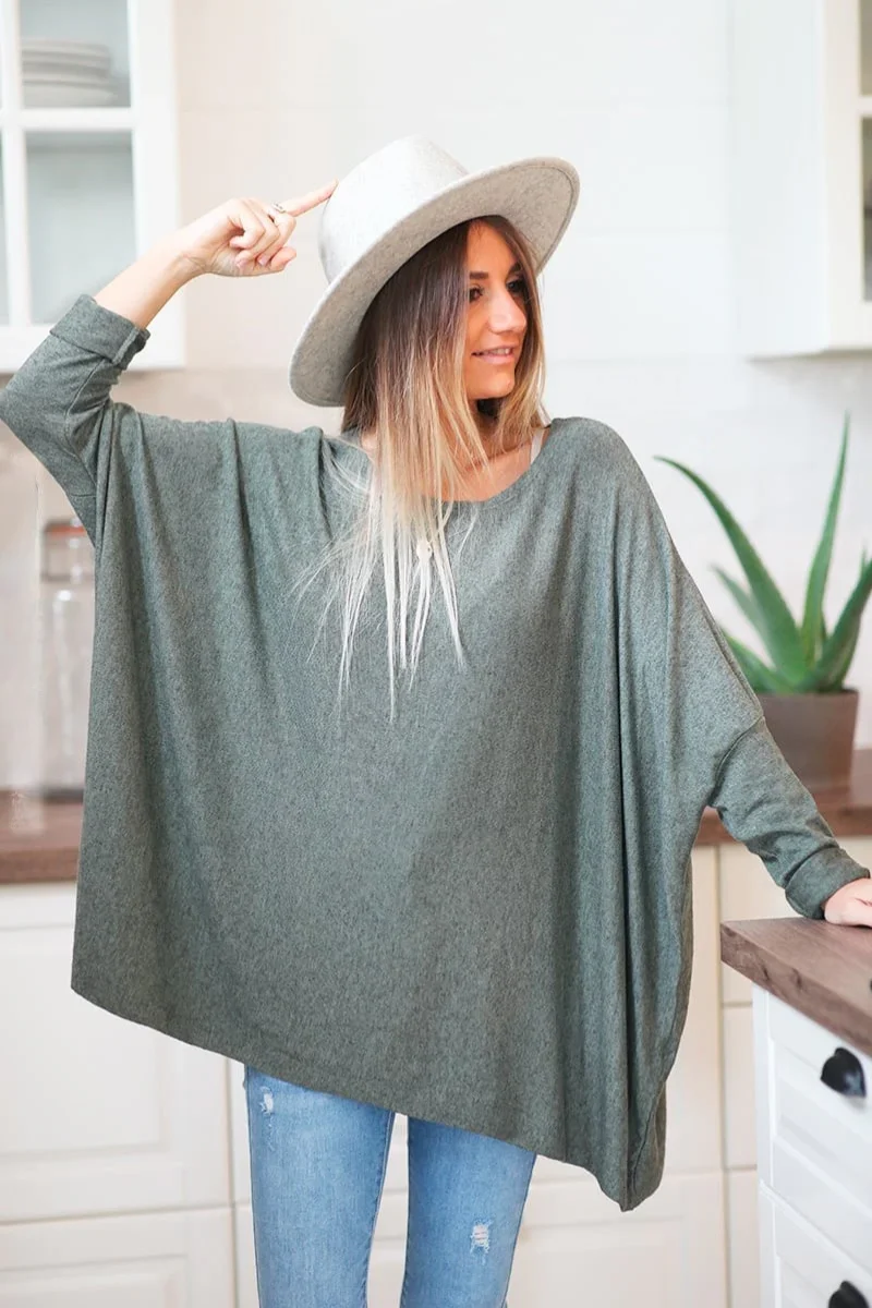 Pull large kaki manches chauve souris