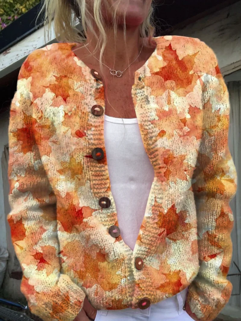 Clémence™ | Cardigan Feuilles d’Automne Boutonné