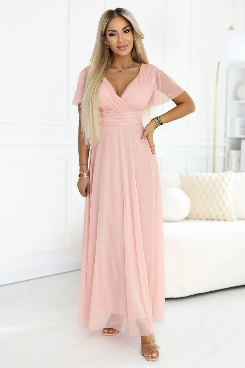 Robe longue rose taille empire jupe en tulle