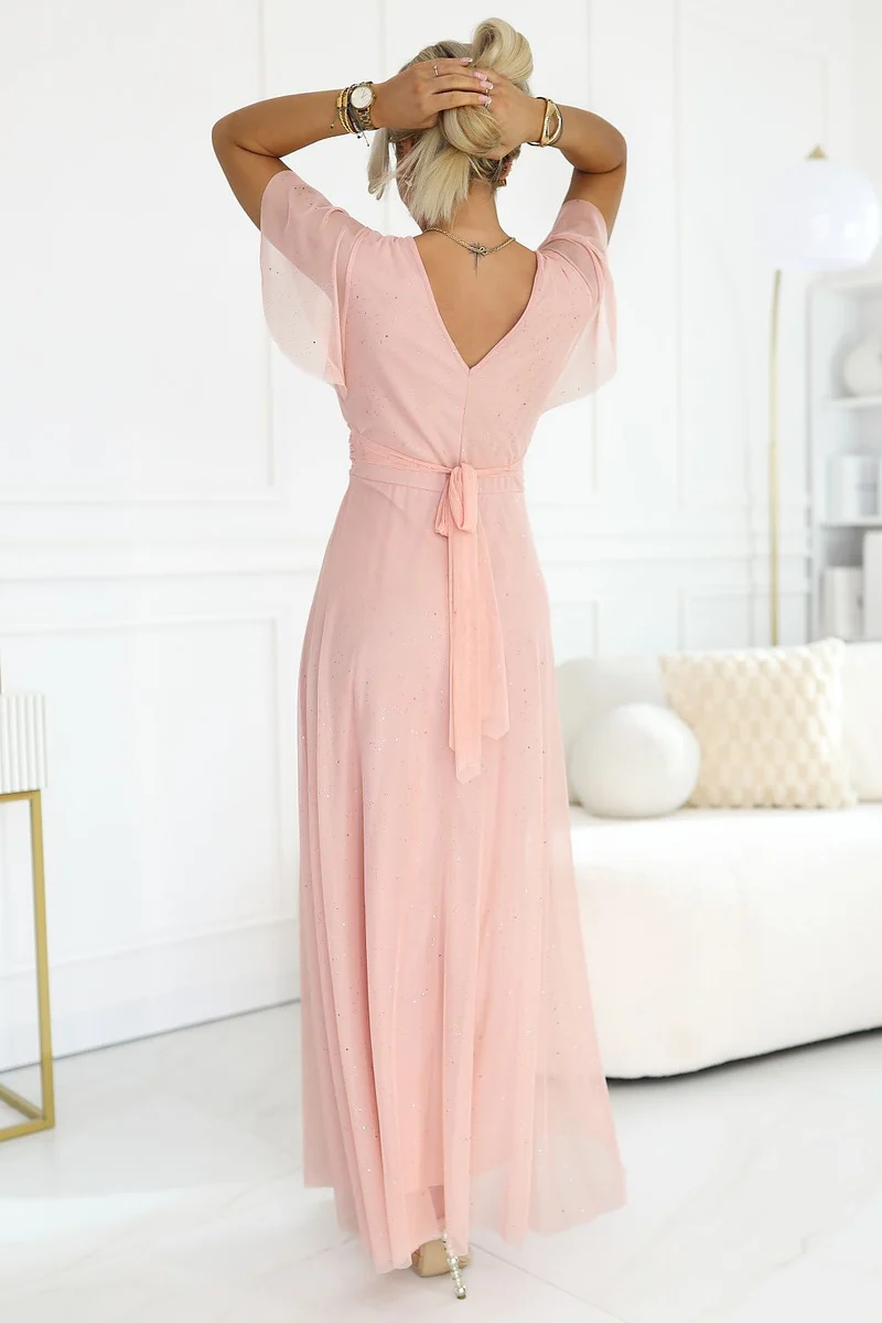 Robe longue rose taille empire jupe en tulle