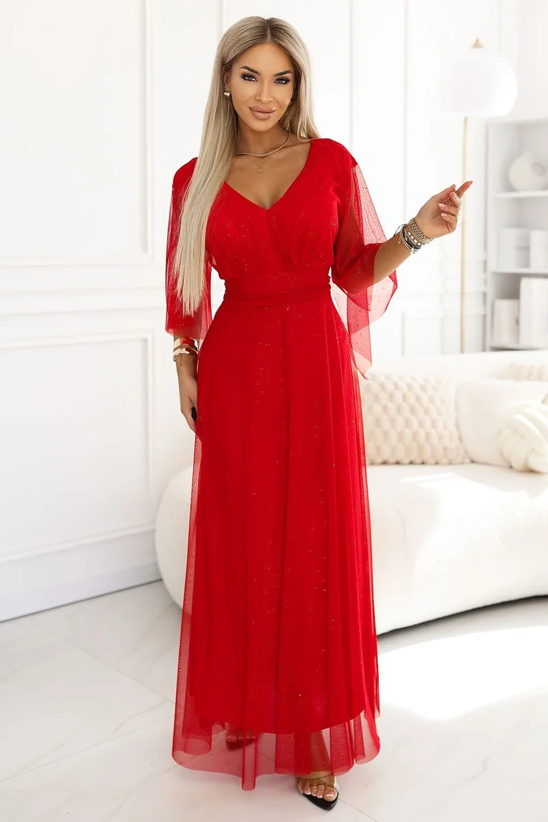 Robe de soirée rouge longue manches en tulle