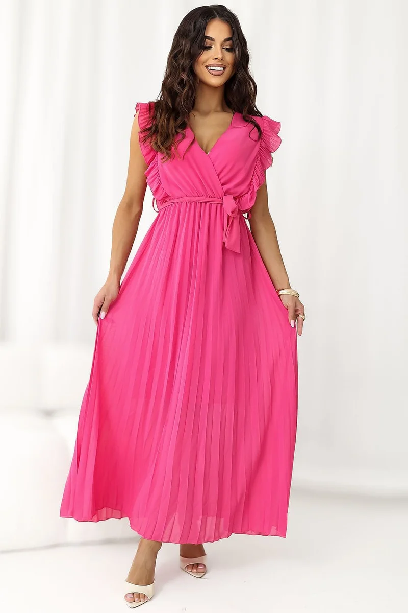 Robe plissée rose sans manches longue
