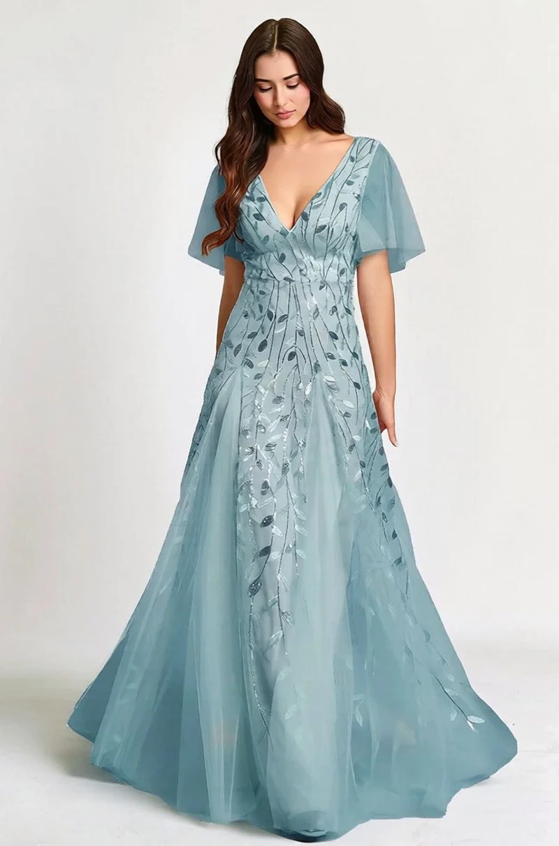 Robe de soirée mariage bleue manches courtes