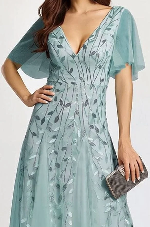 Robe de soirée mariage bleue manches courtes